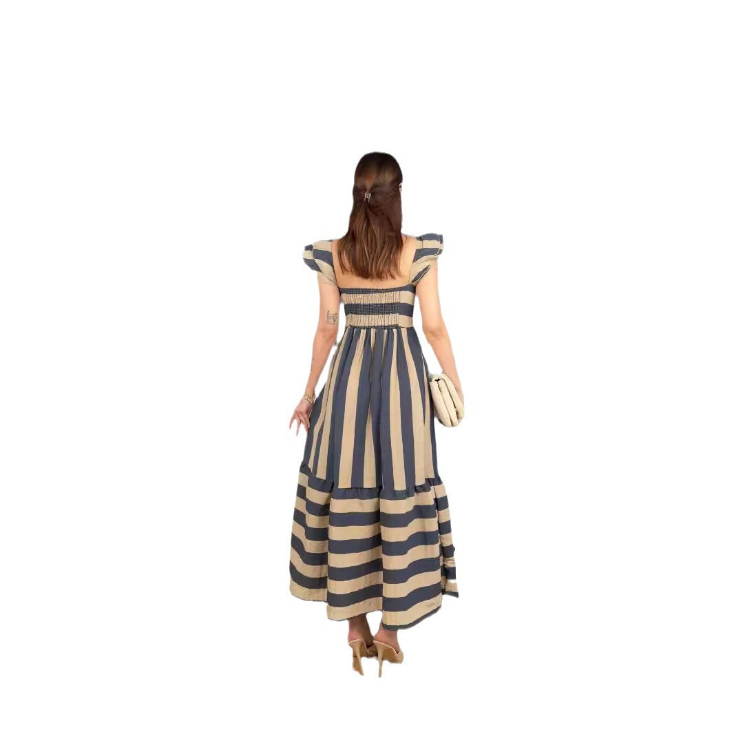 Lena Midi Kleid Damen - Baumwollmischung mit Rüschen, Gestreift, Off-Shoulder, Sommerkleider Damen-5
