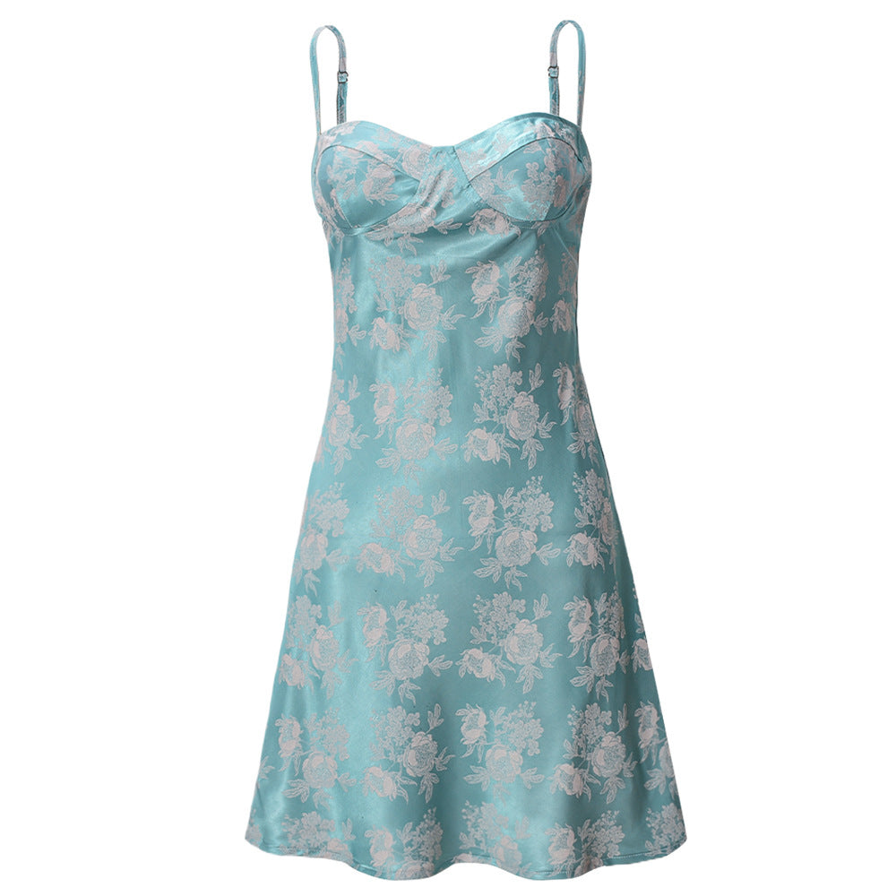 Damen Mini Kleid Blau Größe M Satin Blumenmuster Spaghetti-Träger-5