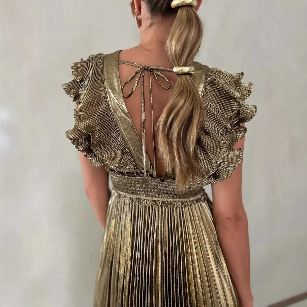 Lena Abendkleid Lang Satin-Look A-Line Fit mit Rüschen V-Ausschnitt für Damen - Perfekt für Partys und Galas-3