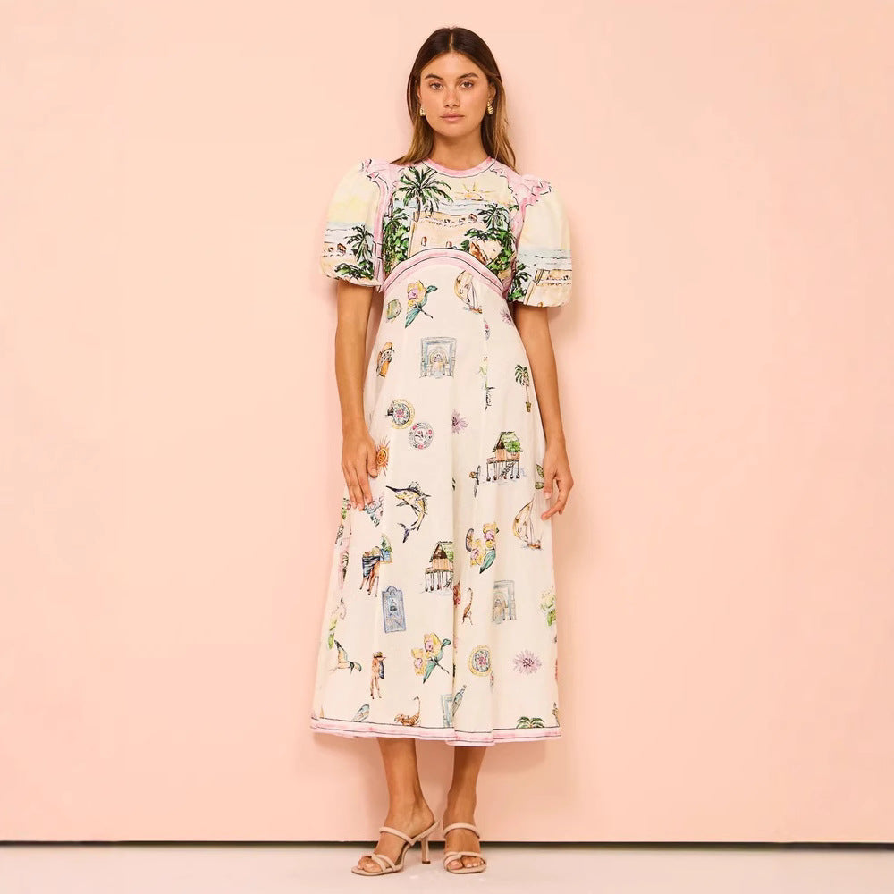 Variant image for Lena Damen A-Line Kleid mit Puffärmeln und Künstlerischem Druck – Elegantes Sommerkleid für Freizeit und Gartenpartys-1