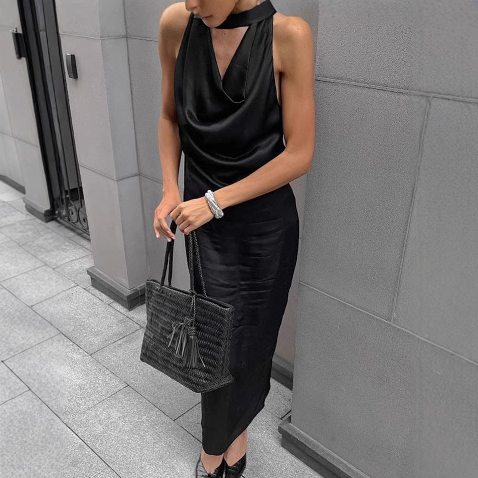 Orion Damen Midi Kleid - Satin Bodycon mit Halfterhals & Drapiertem Cowl-Ausschnitt für Abendveranstaltungen & Cocktailpartys-2