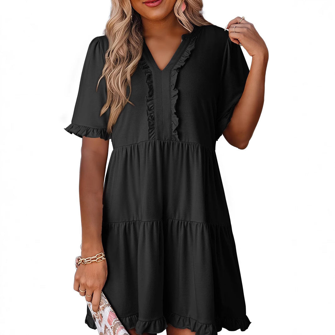 Lena A-Linien Kleid für Damen – V-Ausschnitt mit Rüschen für Frühling/Sommer-4