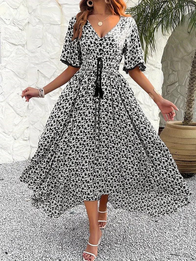 Variant image for Lena Damen Midi Kleid - Blumendruck, V-Ausschnitt, Verstellbare Taille, Kurzarm, Perfekt für Sommerkleider und Freizeit-6
