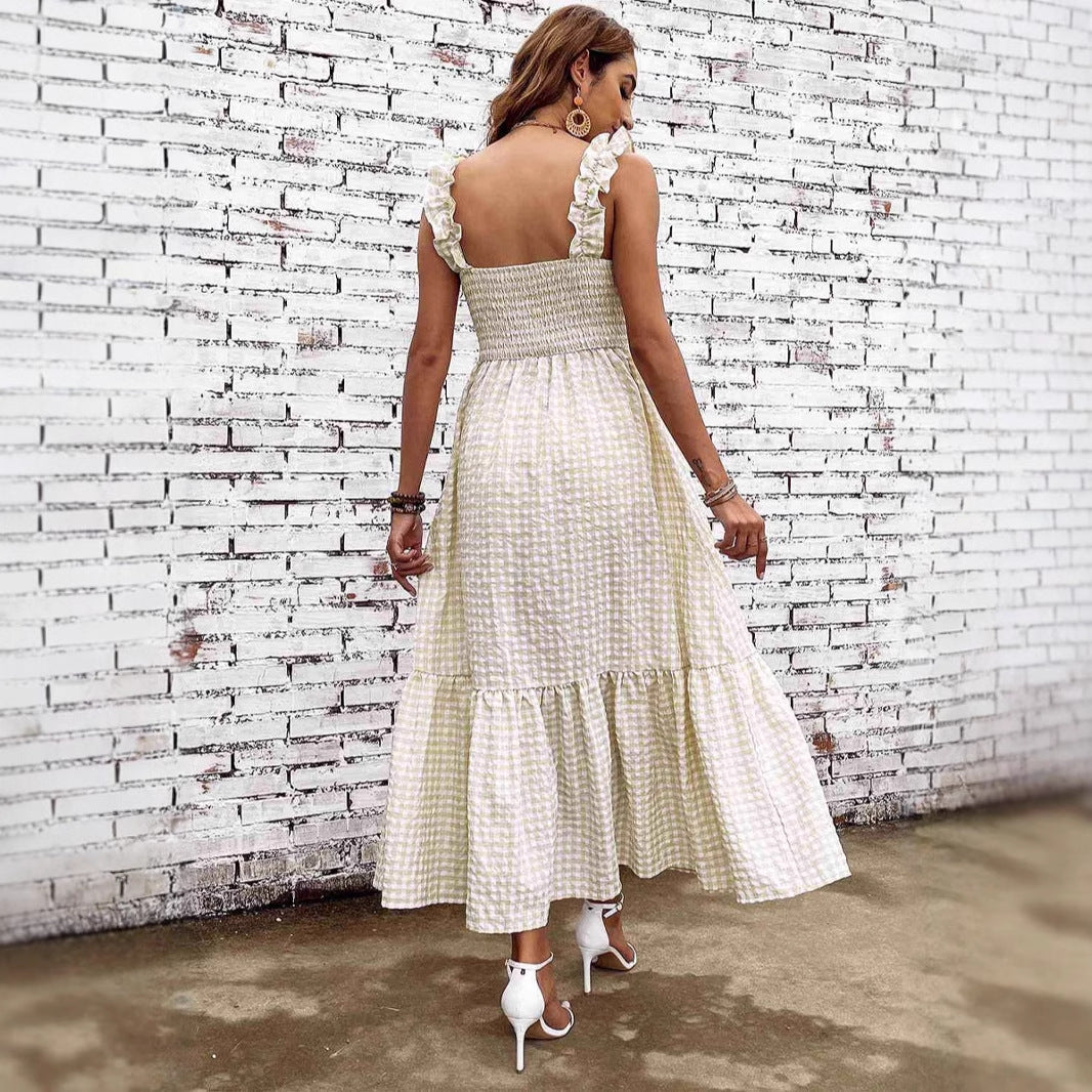 Lena A-Linie Kleid Damen mit Smocked Mieder und Maxirock – Kariertes Musterdesign für Frühling/Sommer-4