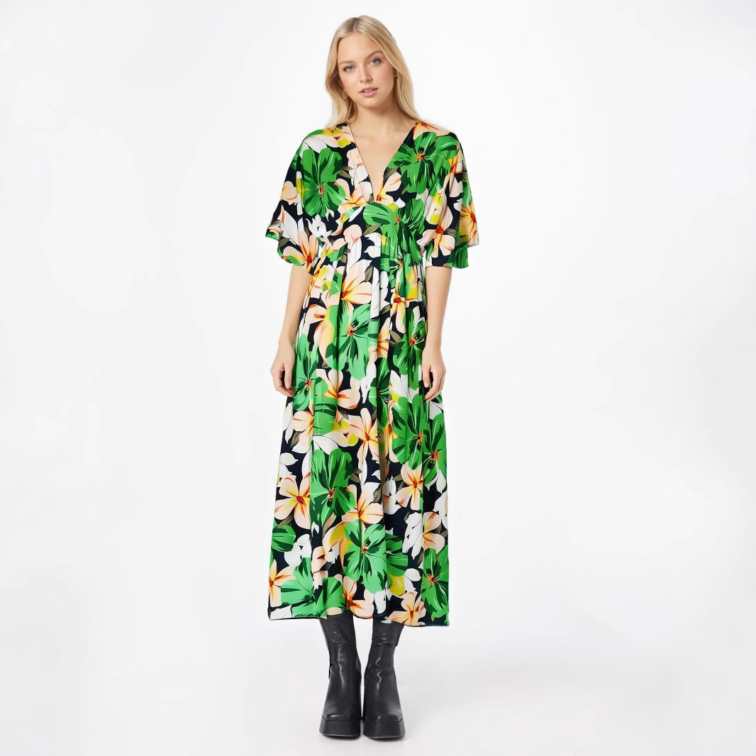 Variant image for Lena Damen Midi Kleid - Hohe Taille, V-Ausschnitt, Breite Ärmel, Elegantes Sommerkleid für Hochzeitsgäste-9