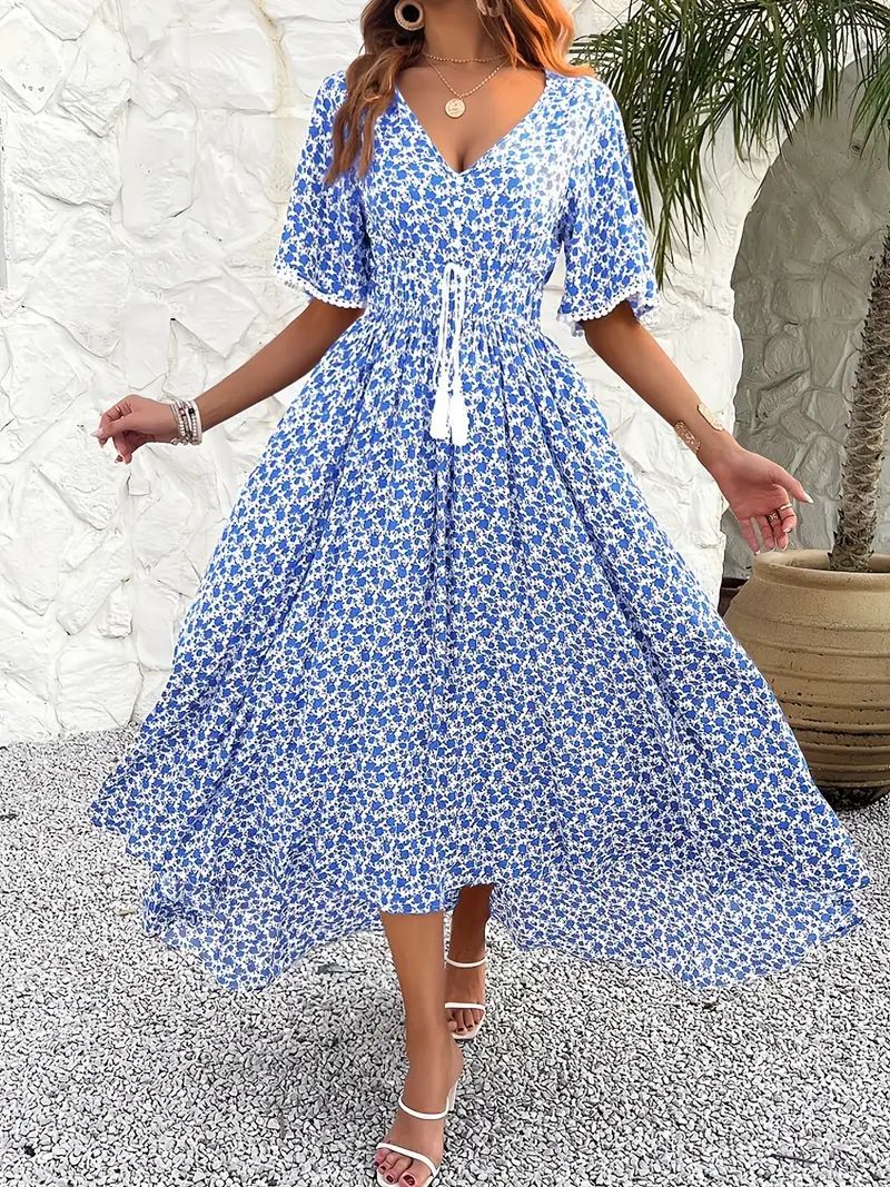 Lena Damen Midi Kleid - Blumendruck, V-Ausschnitt, Verstellbare Taille, Kurzarm, Perfekt für Sommerkleider und Freizeit-1