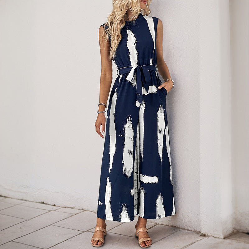Variant image for Lena Ärmelloser Damen Jumpsuit Sommer - Weites Bein, Krawatten Taille, Leichter Druck, Jumpsuit Weiß-1