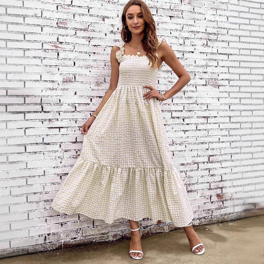 Lena A-Linie Kleid Damen mit Smocked Mieder und Maxirock – Kariertes Musterdesign für Frühling/Sommer-5