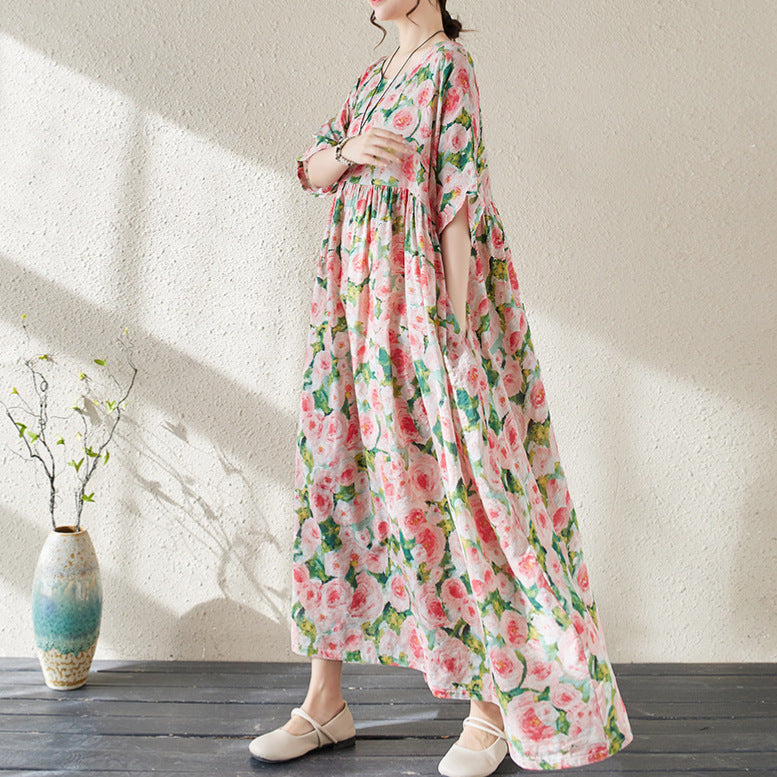 Lena Damen Maxikleid Sommer - Eleganter Blumendruck - Lockere Passform - Atmungsaktive Baumwollmischung-2
