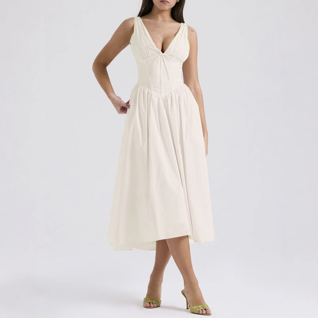 Lena Ärmelloses Midi-Kleid V-Ausschnitt A-Line Blumendruck Damenkleid für Frühling und Sommer-3