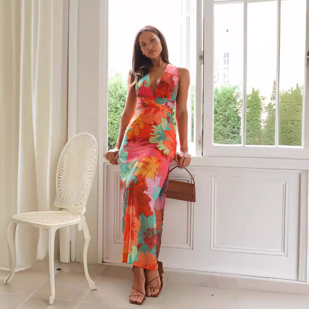 Lena Damen Midi Kleid - V-Ausschnitt, Blumendruck, Taillenkrawatte, Ideal Für Sommerkleider Damen-2