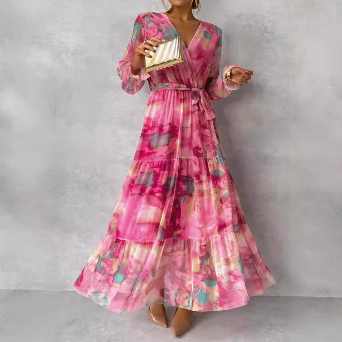 Orion Maxikleid für Frauen - Langes Kleid mit V-Ausschnitt, Gürtel und gestuftem Rock aus leichtem Chiffon-2