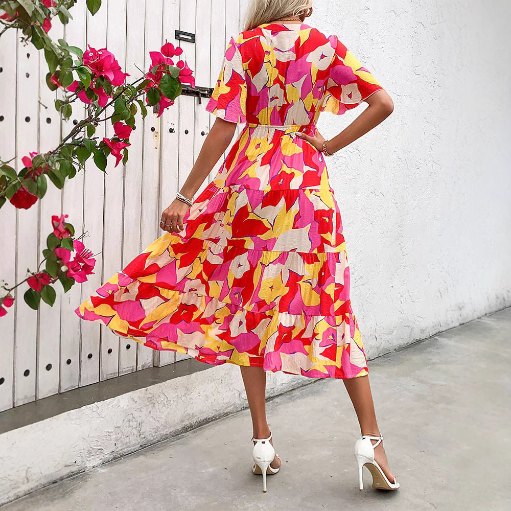 Lena Damen A-Linie Midi Kleid Sommerkleider mit Gekräuselten Ärmeln und Abstraktem Druck-2