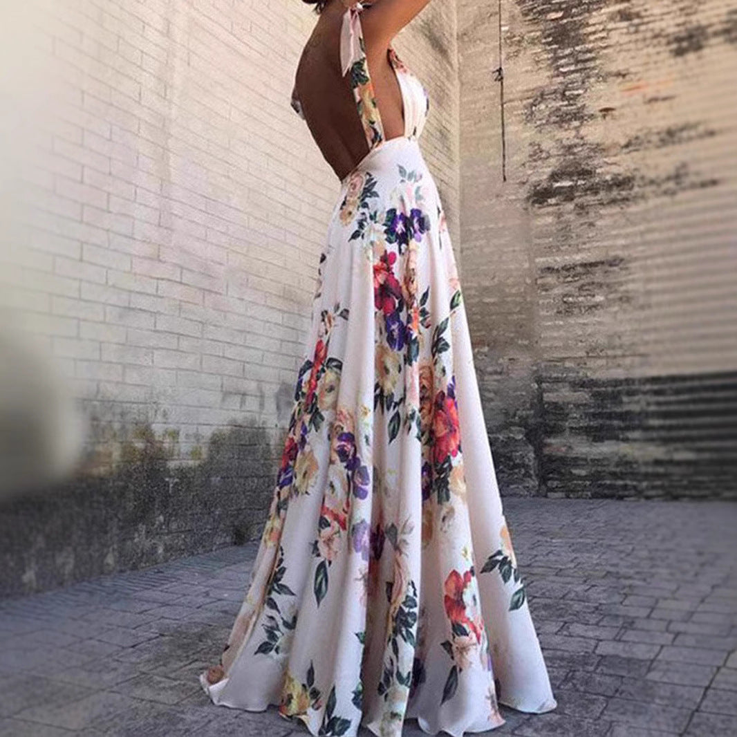 Lena Maxikleid Sommer - A-Line Damen Kleid mit Blumendruck und Rückenfreiem V-Ausschnitt-2