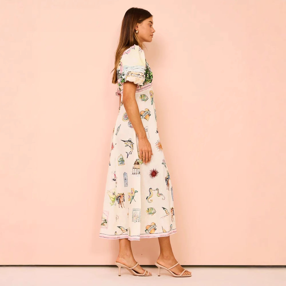 Lena Damen A-Line Kleid mit Puffärmeln und Künstlerischem Druck – Elegantes Sommerkleid für Freizeit und Gartenpartys-2