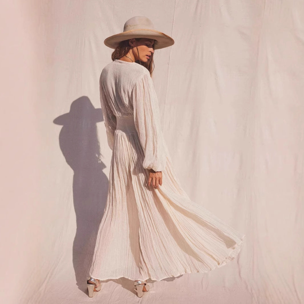 Lena Damenkleid Aus Leichter Baumwolle Mit V-Ausschnitt Und Langen Ärmeln Für Strand & Freizeit-4