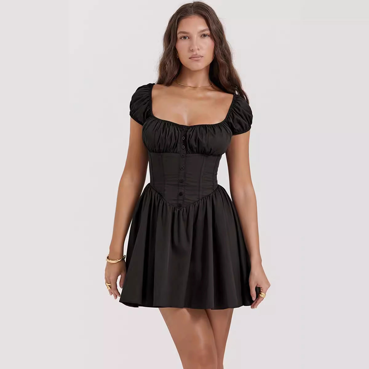 Variant image for Damen Mini Kleid Schwarz Größe M Baumwollmischung mit Puffärmeln und quadratischem Ausschnitt-1
