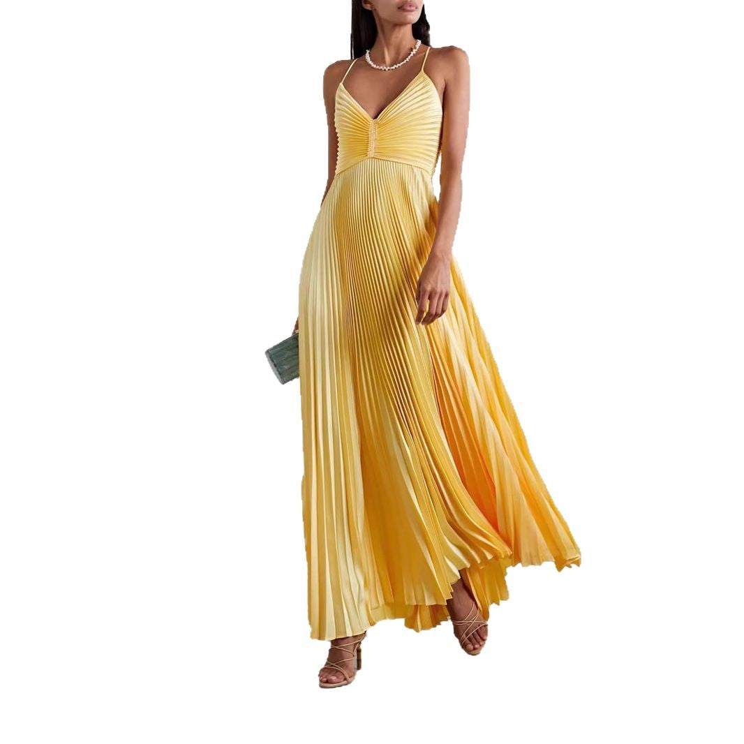 Lena Maxikleid Sommer Damen – Elegantes Satin-Kleid mit V-Ausschnitt und Faltenrock für Festliche Anlässe-4