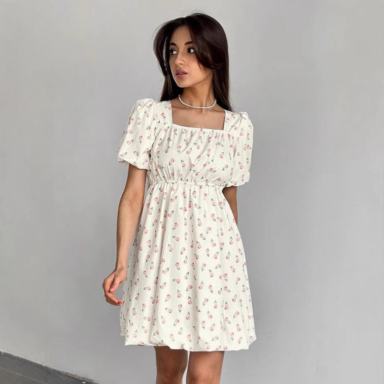 Damen A-Linien Kleid Blau Größe M Baumwollmischung mit Puffärmeln und Blumendruck-4