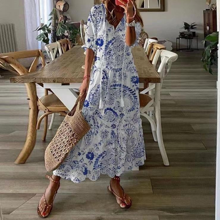 Lena Damen Midi Kleid - Entspannte Passform mit V-Ausschnitt und Quastendetails für Sommerkleider-3