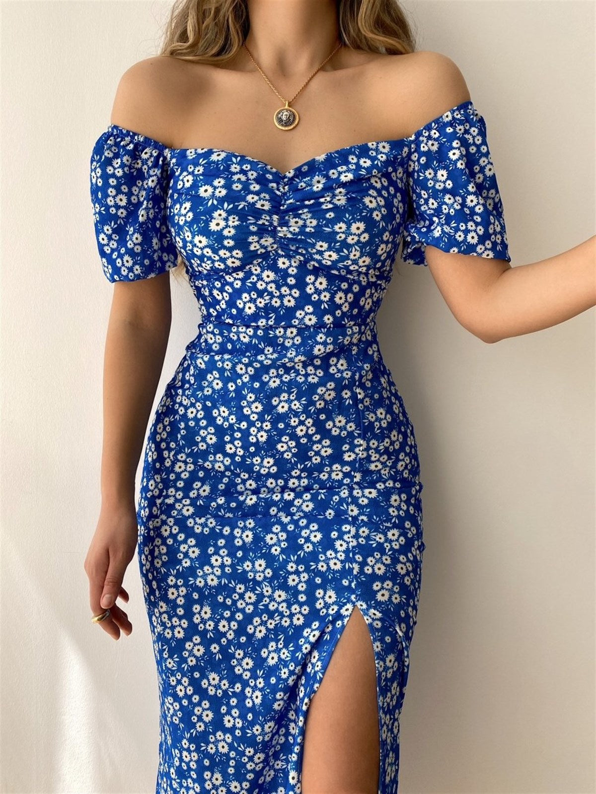 Variant image for Lena Damen Midi Kleid - Off-Shoulder Raffung Puffärmel für Cocktail und Abendveranstaltungen-13