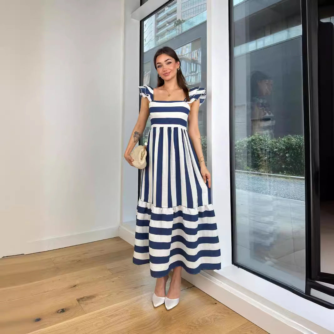 Lena Midi Kleid Damen - Baumwollmischung mit Rüschen, Gestreift, Off-Shoulder, Sommerkleider Damen-2
