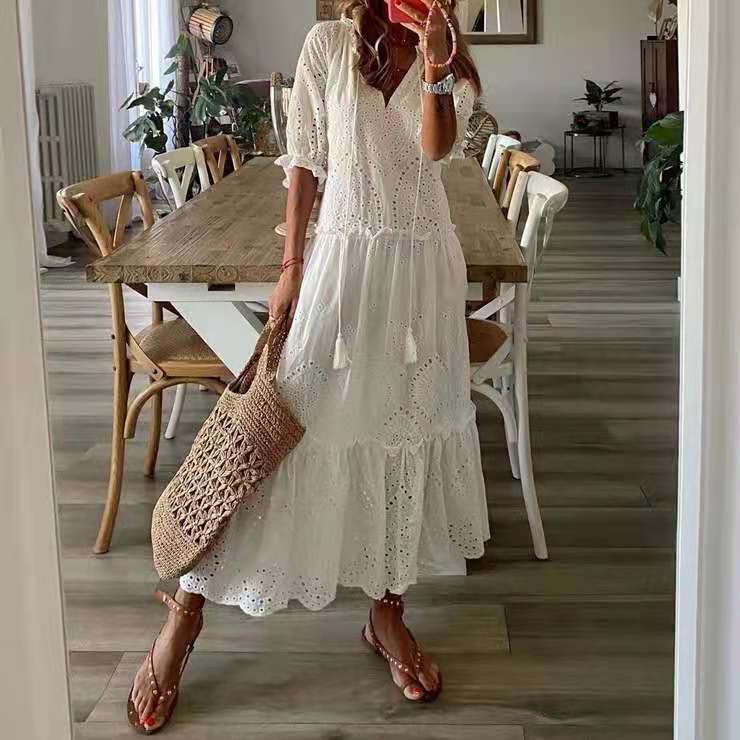 Lena Damen Midi Kleid - Entspannte Passform mit V-Ausschnitt und Quastendetails für Sommerkleider-1