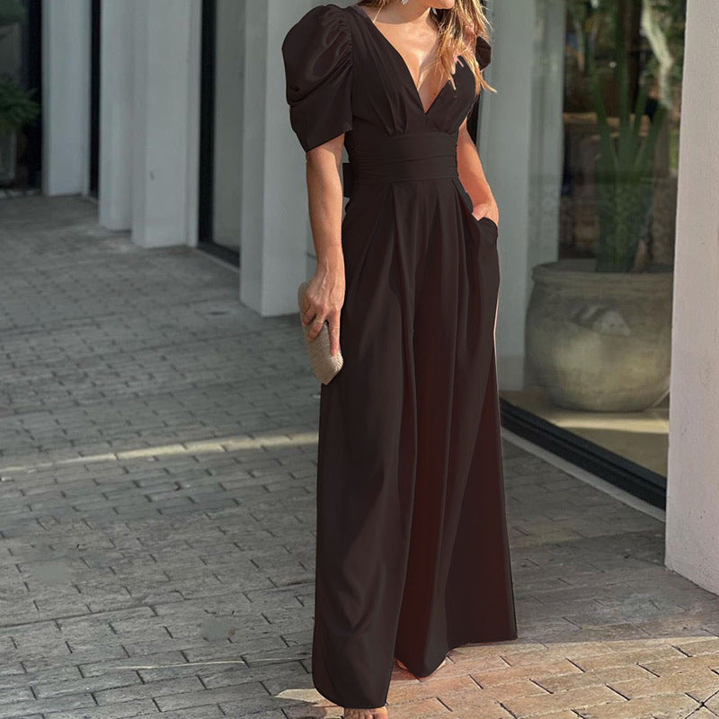 Lena Damen Jumpsuit Festlich - Eleganter V-Ausschnitt, Weites Bein, Puffärmel, Ideal für Hochzeit und Abendveranstaltungen-6