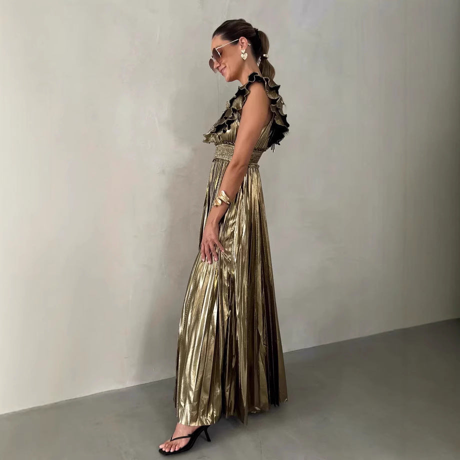Lena Abendkleid Lang Satin-Look A-Line Fit mit Rüschen V-Ausschnitt für Damen - Perfekt für Partys und Galas-2