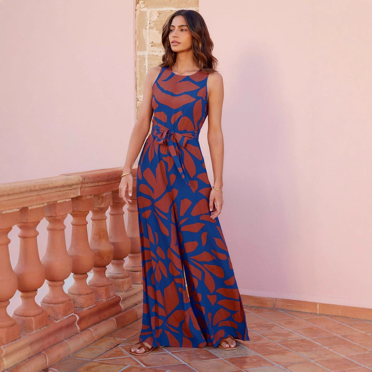 Lena Jumpsuit Damen Elegant - Ärmellos, Weites Bein, Taillenkrawatte, Abstrakter Druck, Ideal für Sommer-1