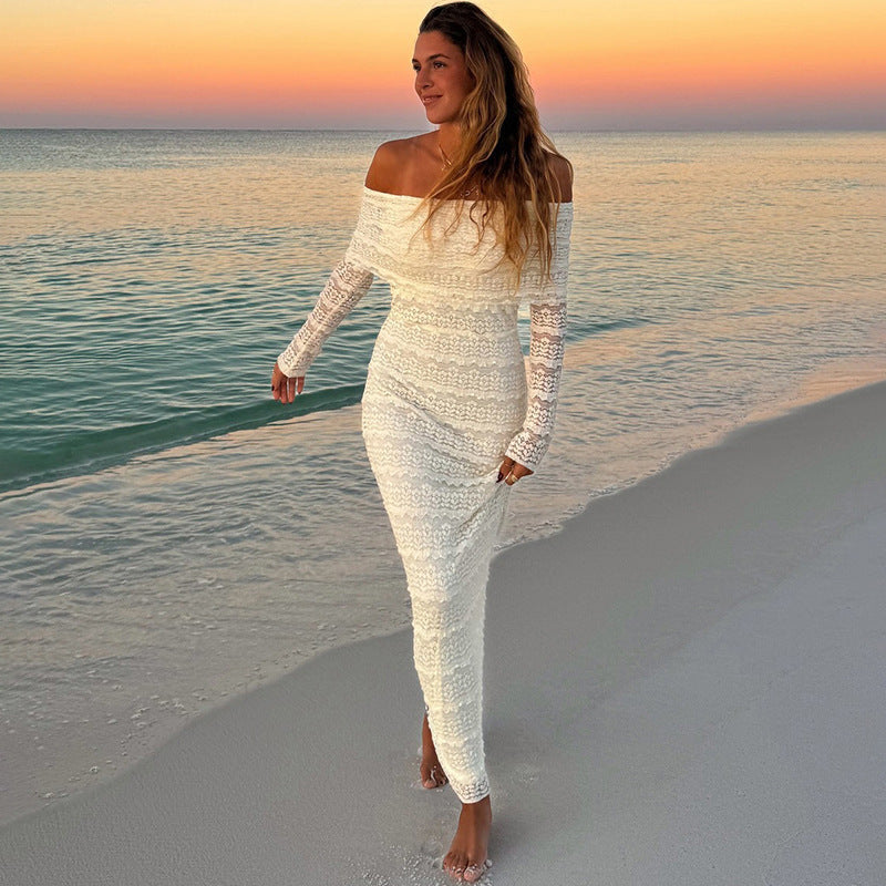 Lena Maxikleid Langarm Off-Shoulder Spitze Slim Fit Festlich für Damen-1