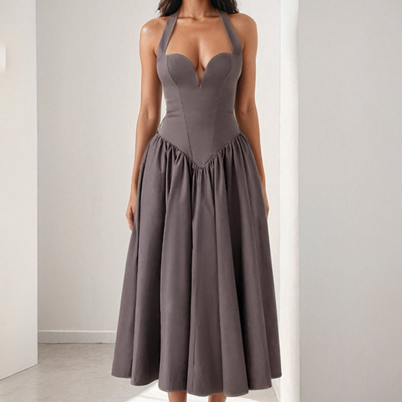 Lena Damen Midi Kleid - Satin-Feeling A-Line Halfterhals Offener Rücken - Perfekt für Hochzeiten Cocktailpartys und Abendveranstaltungen-2