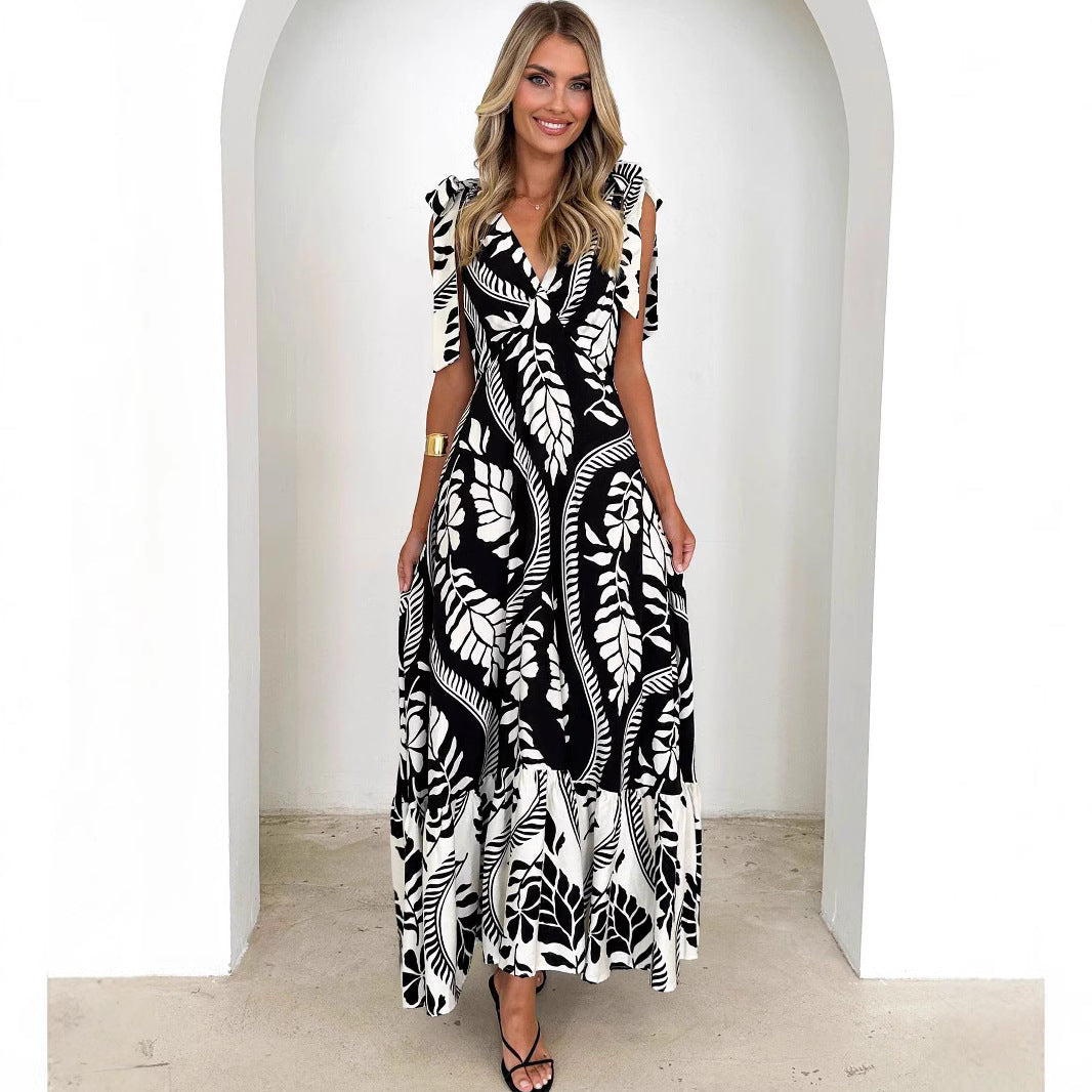 Variant image for Lena Maxikleid Sommer Damen - Ärmelos mit V-Ausschnitt und Krawattenschulter - Fließender Rock im Gedruckten Design-13