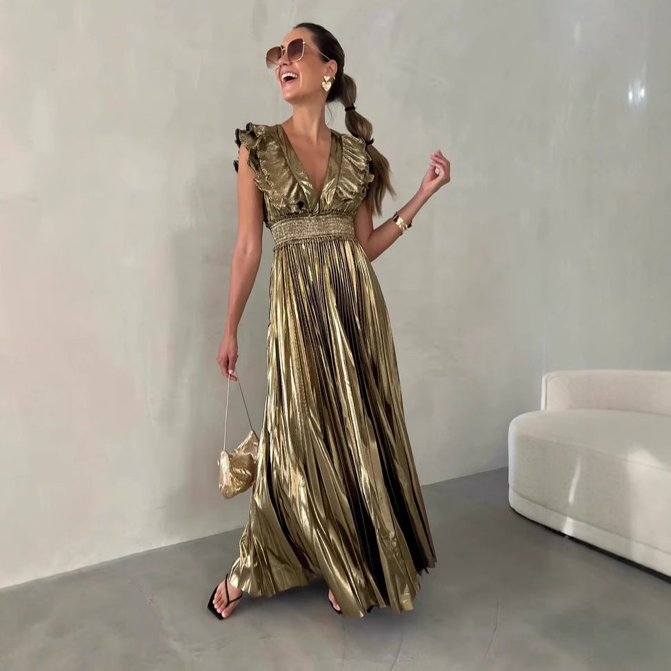 Variant image for Lena Abendkleid Lang Satin-Look A-Line Fit mit Rüschen V-Ausschnitt für Damen - Perfekt für Partys und Galas-1