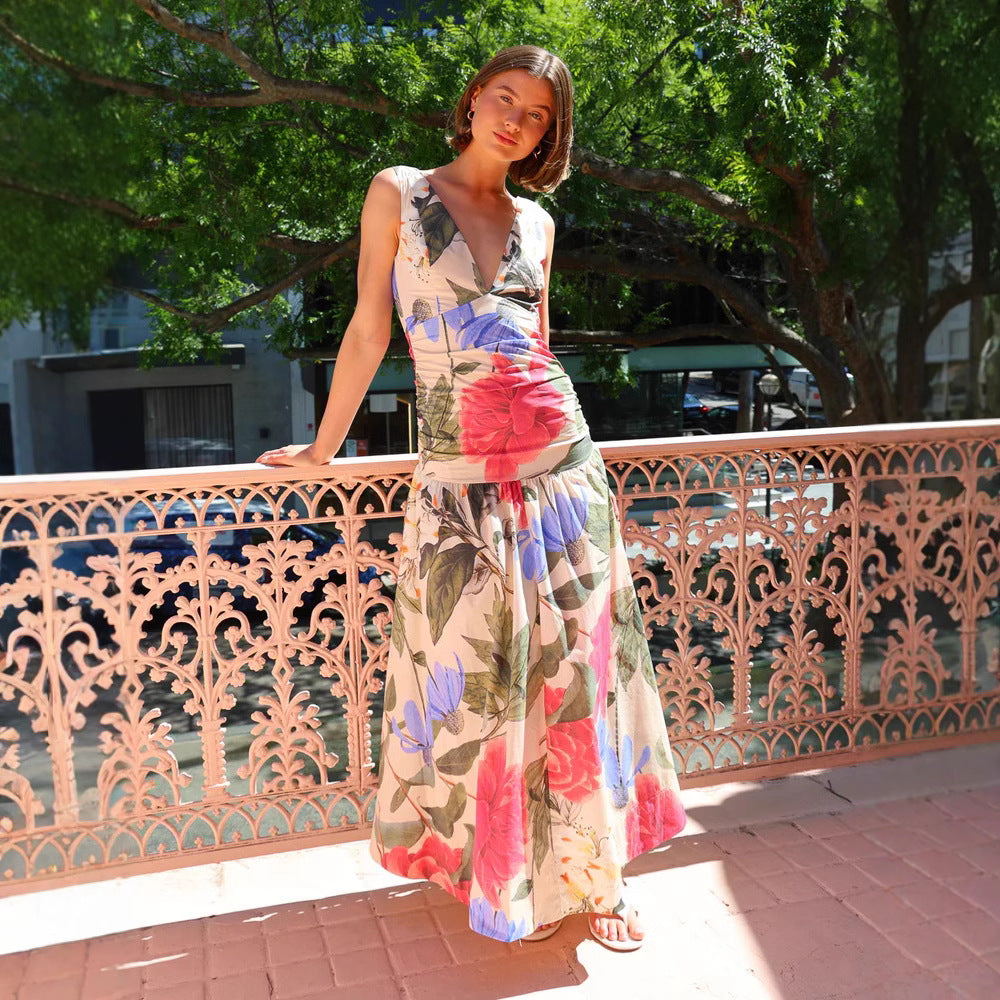 Variant image for Lena Damen Sommerkleid - V-Ausschnitt - Spaghetti-Träger - Fließend Bedrucktes Freizeitkleid für Sommer-1