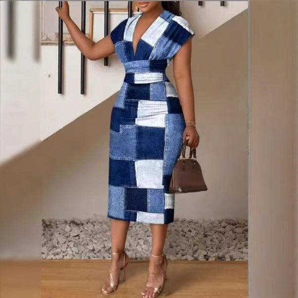 Lena Damen Midi Kleid - Slim Fit Bodycon V-Ausschnitt im Patchwork-Denim-Look für Sommercocktail-Events-5