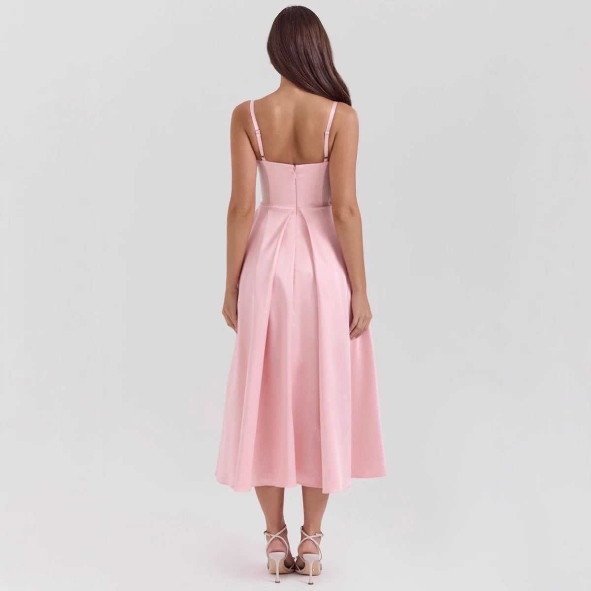 Orion Elegantes Satin-Kleid Damen - V-Ausschnitt Spaghetti-Träger A-Linie Festliches Kleid für Hochzeitsgast-4