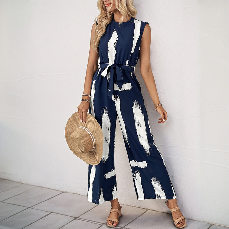 Lena Ärmelloser Damen Jumpsuit Sommer - Weites Bein, Krawatten Taille, Leichter Druck, Jumpsuit Weiß-2