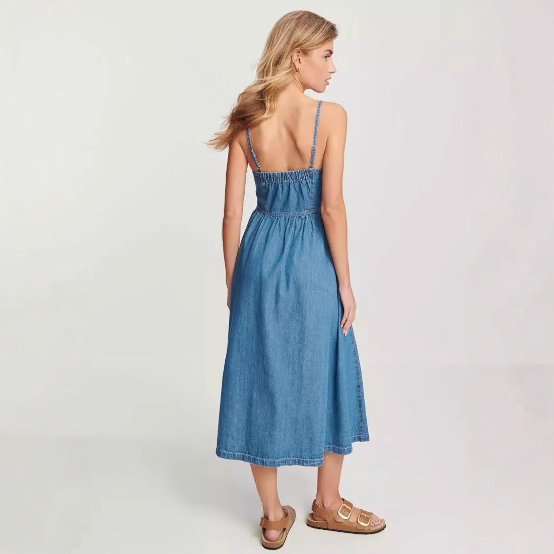 Lena Damen Midi Kleid aus Jeansstoff - A-Linie Spaghetti-Träger für Sommerkleider Damen-3