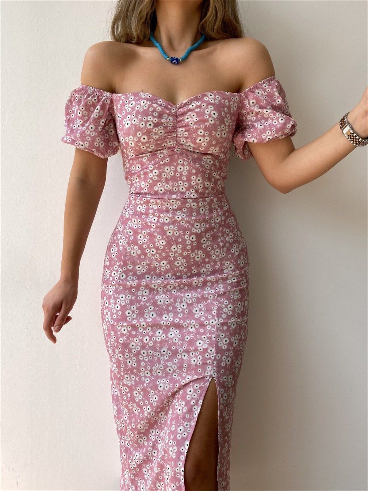 Lena Damen Midi Kleid - Off-Shoulder Raffung Puffärmel für Cocktail und Abendveranstaltungen-4