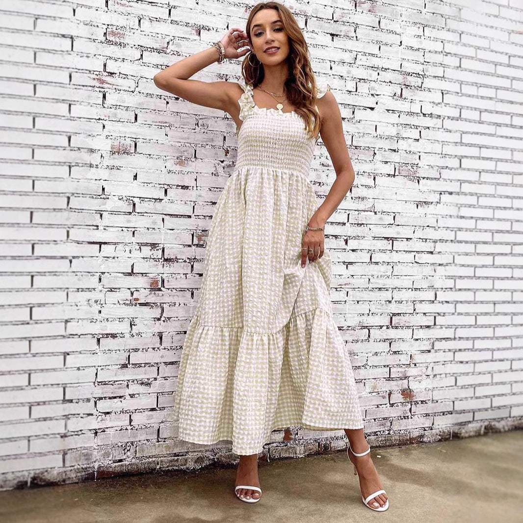 Lena A-Linie Kleid Damen mit Smocked Mieder und Maxirock – Kariertes Musterdesign für Frühling/Sommer-3