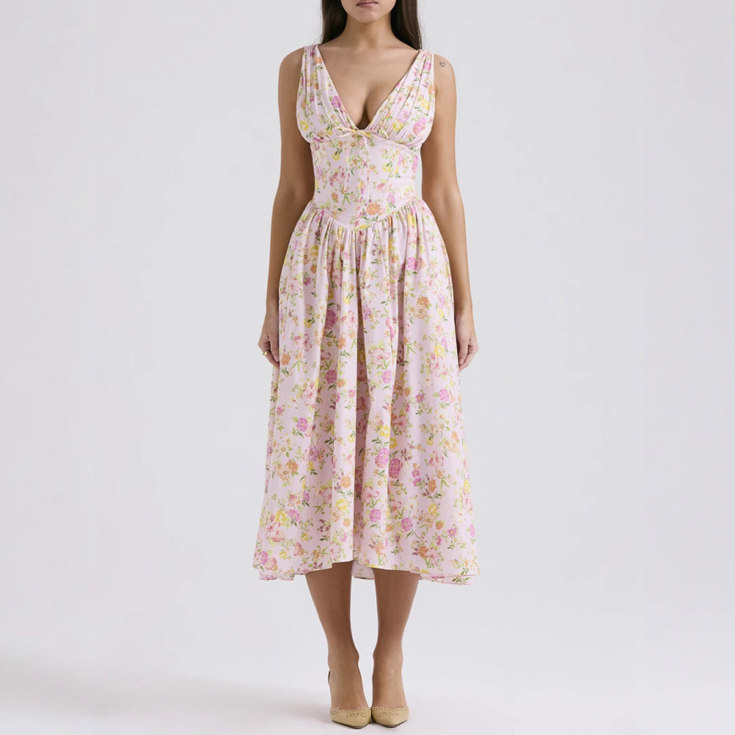 Variant image for Lena Ärmelloses Midi-Kleid V-Ausschnitt A-Line Blumendruck Damenkleid für Frühling und Sommer-5