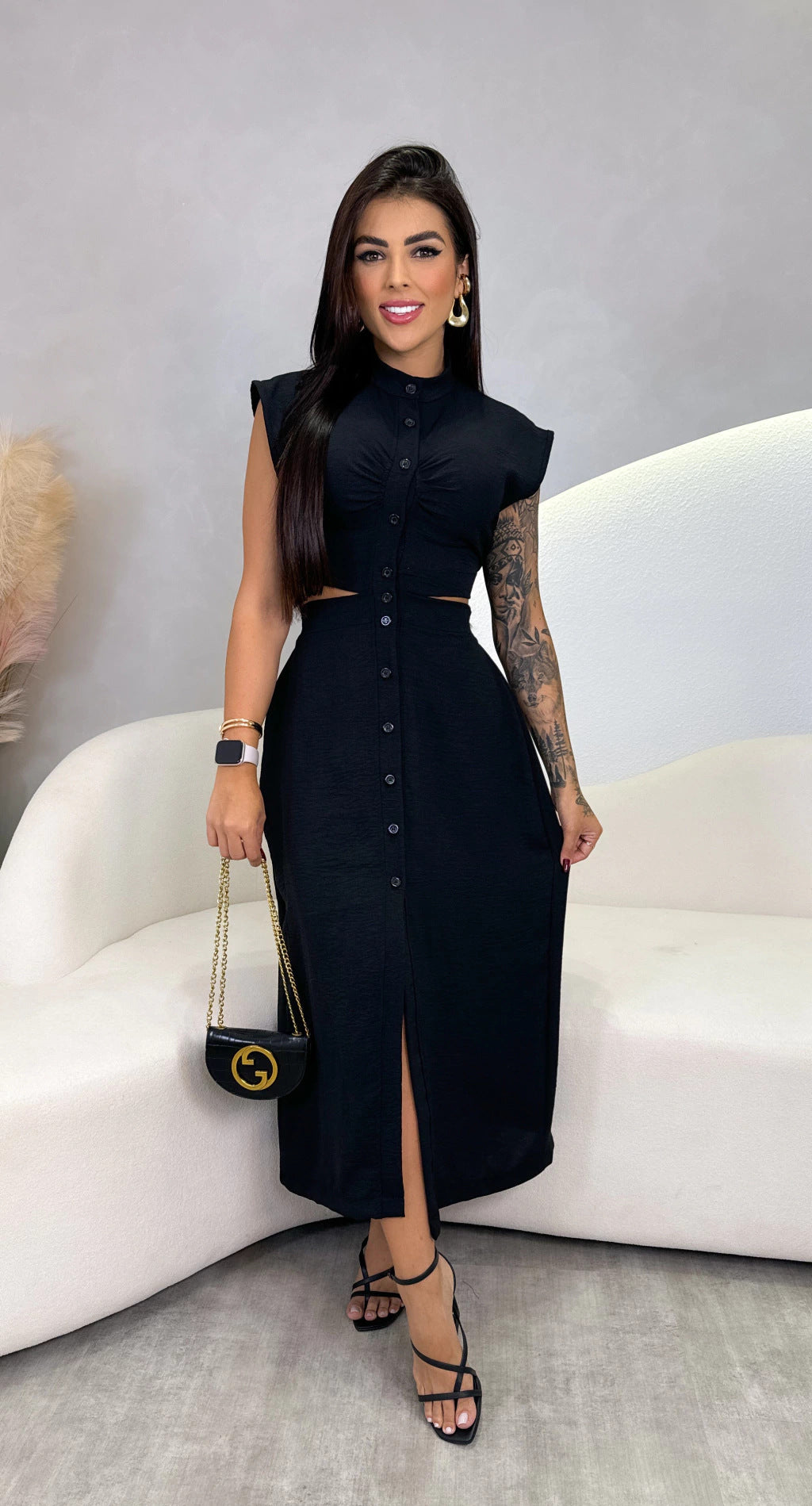 Variant image for Lena Damen Midi Kleid - Slim Fit Ärmellos mit Knopfdruck für Sommer - Elegante Kleider Damen-9