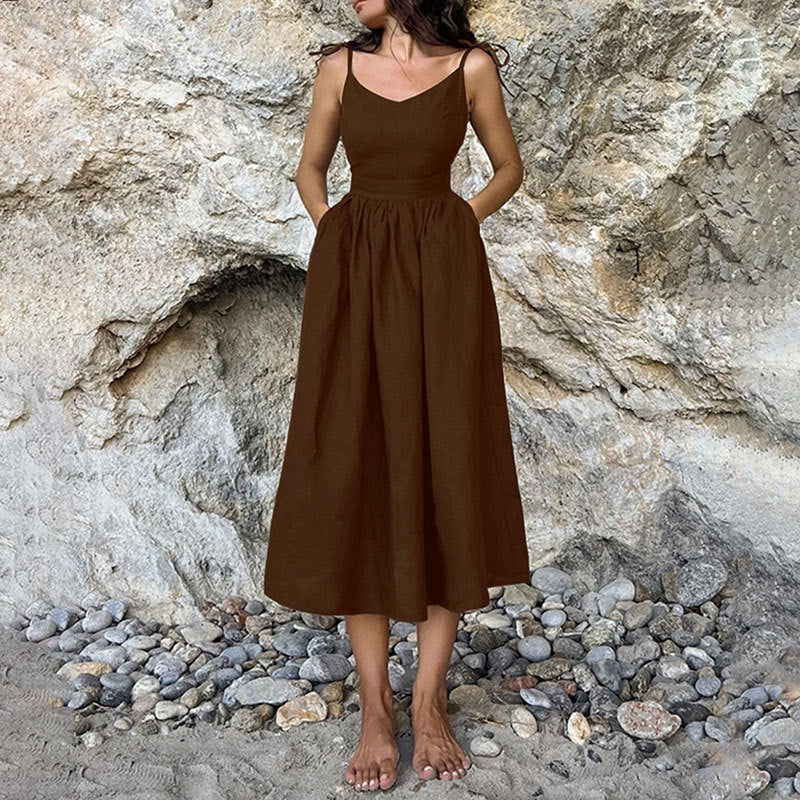 Variant image for Lena Damen Midi Kleid - Leinenmisch V-Ausschnitt, Offener Rücken, Sommerkleider für Freizeitveranstaltungen-17