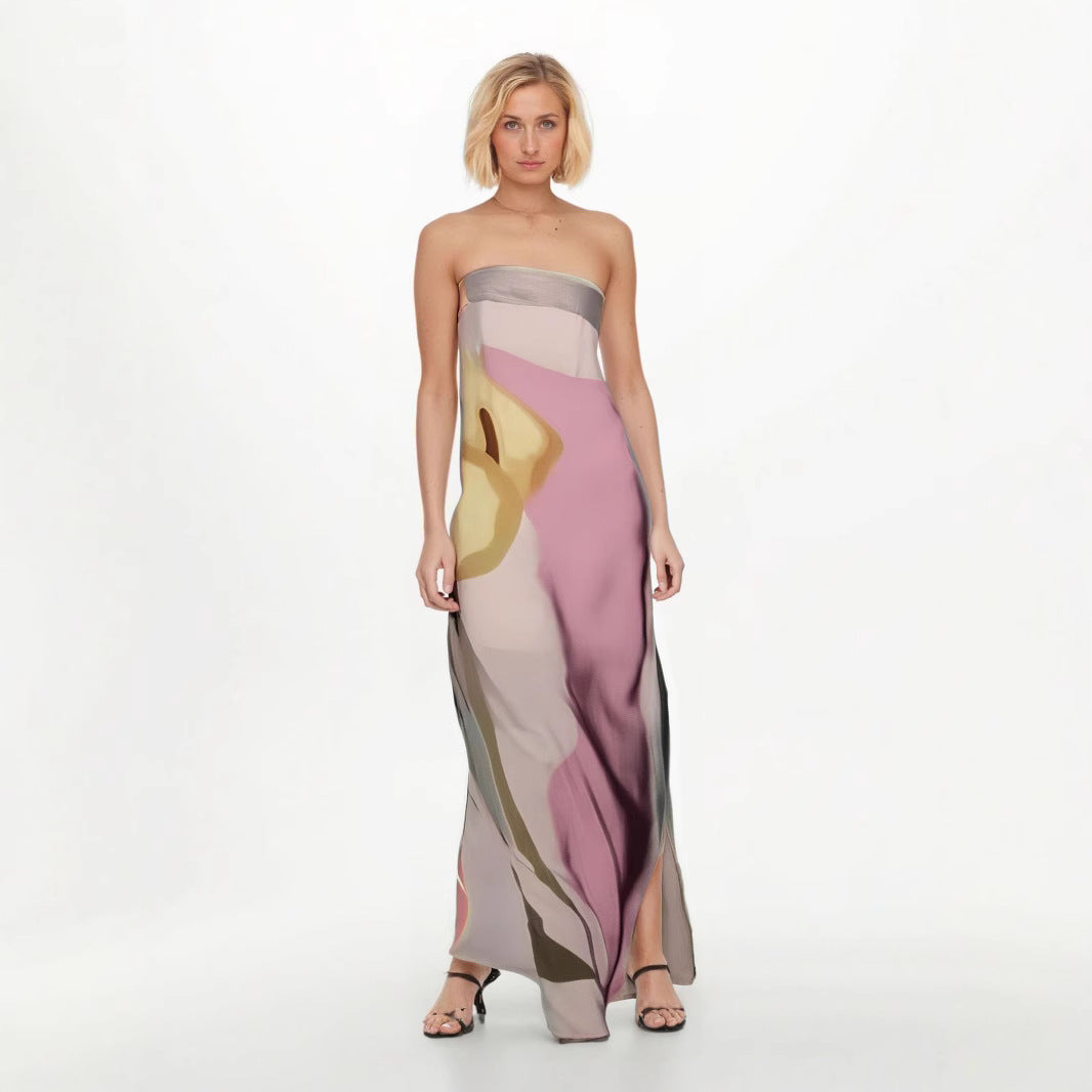 Lena Trägerloses Midi-Kleid Damen - Leichter Stoff, Fließende Passform, Abstrakter Druck, Ideal für Sommer und Abendveranstaltungen-5