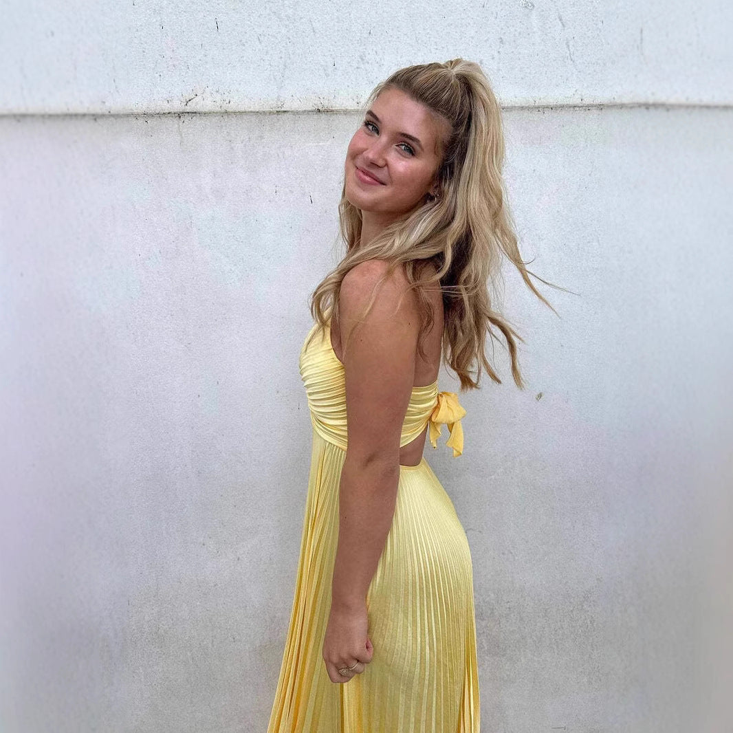 Lena Maxikleid Sommer Damen – Elegantes Satin-Kleid mit V-Ausschnitt und Faltenrock für Festliche Anlässe-3