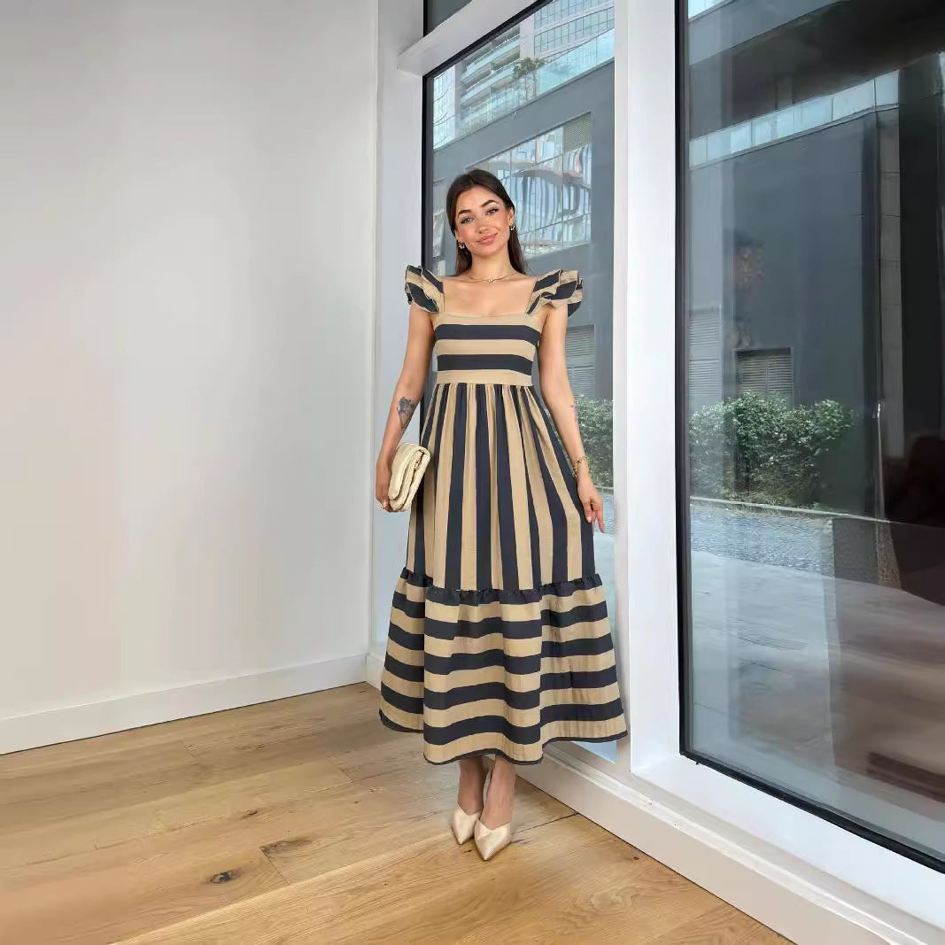 Lena Midi Kleid Damen - Baumwollmischung mit Rüschen, Gestreift, Off-Shoulder, Sommerkleider Damen-3