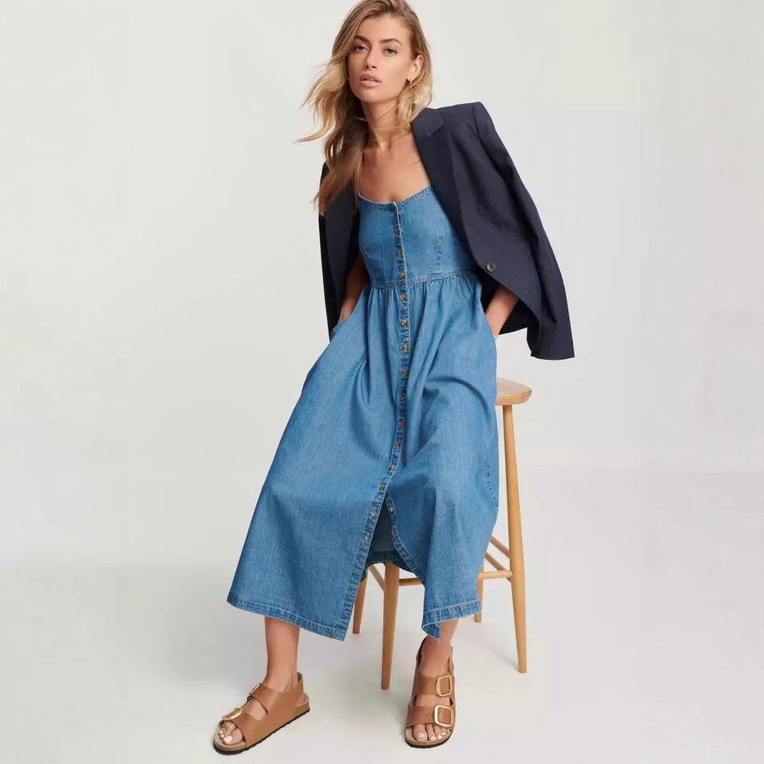 Lena Damen Midi Kleid aus Jeansstoff - A-Linie Spaghetti-Träger für Sommerkleider Damen-4