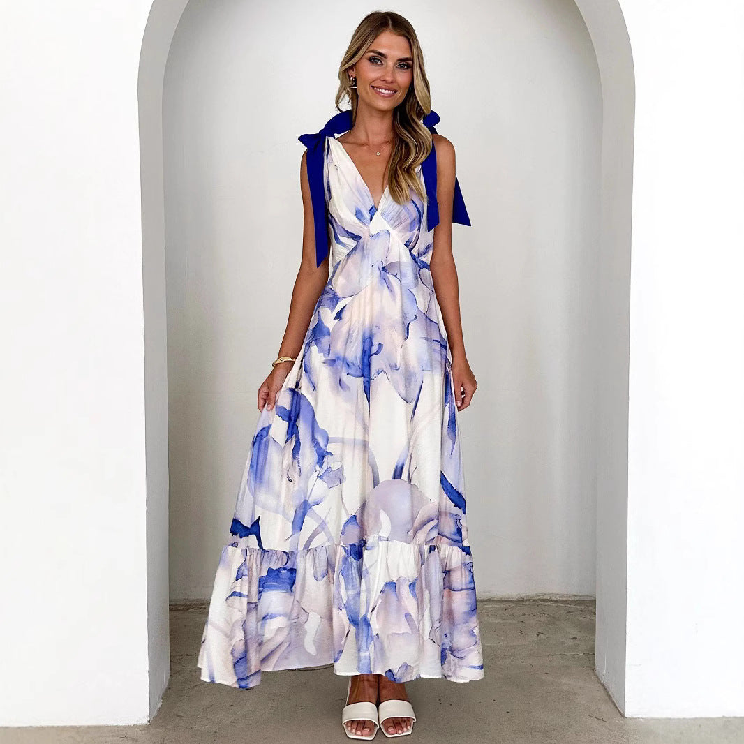 Lena Maxikleid Sommer Damen - Ärmelos mit V-Ausschnitt und Krawattenschulter - Fließender Rock im Gedruckten Design-2
