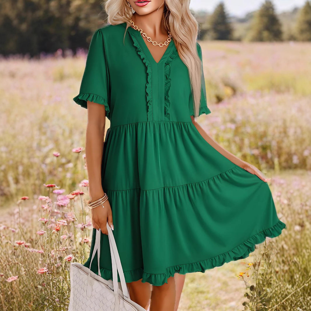 Lena A-Linien Kleid für Damen – V-Ausschnitt mit Rüschen für Frühling/Sommer-3